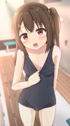 Rule 34 | 1girl, :d, bare arms, bare shoulders, black one-piece swimsuit, blurry, blurry background, blush, breasts, brown hair, clothes pull, collarbone, commentary request, covered navel, depth of field, female focus, hair ornament, hairclip, head tilt, highres, indoors, long hair, looking at viewer, old school swimsuit, one-piece swimsuit, one-piece swimsuit pull, one side up, open mouth, original, pulling own clothes, red eyes, school swimsuit, small breasts, smile, solo, standing, swimsuit, takasuma hiro
