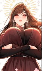 Rule 34 | 1girl, blush, brown dress, brown hair, closed mouth, crossed arms, dress, hari&#039;s mother, highres, long hair, looking at viewer, looking down, my landlady noona, red eyes, serious, very long hair, white background