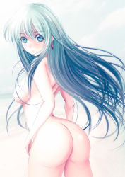 Rule 34 | 1girl, aqua eyes, aqua hair, ass, beach, breasts, cecil (wing r), completely nude, cowboy shot, earrings, eirika (fire emblem), fire emblem, fire emblem: the sacred stones, fire emblem heroes, hair between eyes, jewelry, long hair, looking at viewer, looking back, nintendo, nipples, nude, parted lips, solo