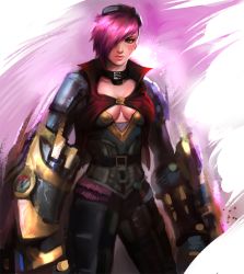 Rule 34 | 1girl, armor, breasts, cleavage, collar, gauntlets, goggles, hair over one eye, jacket, league of legends, lips, pink hair, red eyes, short hair, solo, vi (league of legends), yy6242