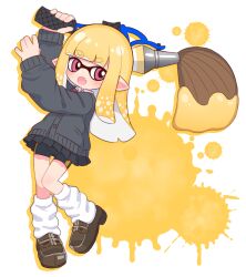 Rule 34 | 1girl, :d, arms up, bike shorts, black shorts, black skirt, blonde hair, brown footwear, cardigan, collared shirt, commentary request, full body, grey cardigan, highres, holding, holding weapon, inkbrush (splatoon), inkling, inkling girl, inkling player character, loafers, long hair, long sleeves, loose socks, naga u, naga u-chan, nintendo, open mouth, original, pink eyes, pleated skirt, pointy ears, puffy long sleeves, puffy sleeves, school uniform, shirt, shoes, short eyebrows, short shorts, shorts, shorts under skirt, simple background, skirt, sleeves past wrists, smile, socks, solo, splatoon (series), standing, standing on one leg, thick eyebrows, weapon, white background, white shirt, white socks