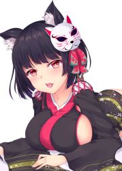 Rule 34 | 1girl, animal ears, azur lane, black hair, blush, breasts, commentary request, highres, japanese clothes, large breasts, looking at viewer, lying, mask, mask on head, nontraditional miko, on stomach, red eyes, shiro usagi, short hair, sideboob, simple background, solo, white background, yamashiro (azur lane)