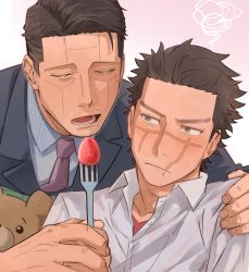 Rule 34 | 2boys, age difference, blush, brown eyes, brown hair, facial hair, facial scar, feeding, food, formal, fruit, goatee, golden kamuy, hand on another&#039;s shoulder, highres, kikuta mokutaro, male focus, mature male, multiple boys, necktie, orc, scar, scar on cheek, scar on face, scar on mouth, scar on nose, shirt, short hair, sideburns, spiked hair, strawberry, stuffed animal, stuffed toy, sugimoto saichi, suit, sweatdrop, teddy bear, tonta (tonta1231), white shirt, wrinkled skin
