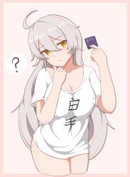 Rule 34 | 1girl, ?, ahoge, blush, breasts, closed mouth, collarbone, commentary request, condom, cowboy shot, embarrassed, grey hair, hair between eyes, highres, holding, holding condom, honkai (series), honkai impact 3rd, kiana kaslana, kiana kaslana (herrscher of the void), large breasts, long hair, looking at viewer, milliani, orange eyes, shirt, solo, standing, translation request, very long hair, white shirt
