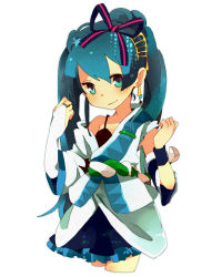 Rule 34 | 1girl, aqua eyes, aqua hair, bad id, bad pixiv id, belt, blue hair, blue skirt, blush, bow, bra, bracelet, cowboy shot, cropped legs, earrings, hair bow, hair ornament, hand up, hatsune miku, head tilt, japanese clothes, jewelry, light smile, long hair, looking at viewer, mayoz, miniskirt, off shoulder, simple background, skirt, smile, solo, twintails, underwear, vocaloid, white background, wristband