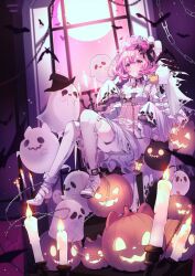 Rule 34 | beryl (blueberylpie), candle, ghost, halloween, highres, indie utaite, jack-o&#039;-lantern, nqrse, official art, pink eyes, pink hair, second-party source, sheet ghost, smile