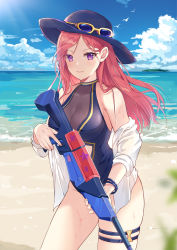 Rule 34 | 1girl, bangle, bare shoulders, beach, black hat, blouse, blue one-piece swimsuit, blue sky, bracelet, breasts, caitlyn (league of legends), center opening, cleavage, closed mouth, cloud, cowboy shot, day, eyewear on headwear, halterneck, hat, highres, holding, horizon, hum (ten ten), jewelry, large breasts, league of legends, long hair, looking at viewer, ocean, off shoulder, one-piece swimsuit, open clothes, open shirt, outdoors, pink hair, pool party caitlyn, purple eyes, shirt, skindentation, sky, solo, standing, sun hat, sunglasses, sunlight, swimsuit, thigh strap, thighs, v-shaped eyebrows, water, water gun, wet, white shirt
