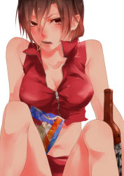 Rule 34 | 1girl, alcohol, blush, breasts, brown hair, cleavage, drunk, female focus, meiko (vocaloid), sake, short hair, simple background, solo, vocaloid, white background