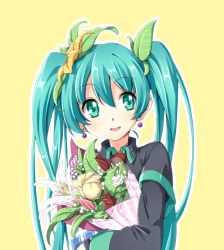 Rule 34 | 1girl, :d, aqua eyes, aqua hair, blush, bouquet, commentary, earrings, flower, hair between eyes, hatsune miku, hinosita hikari, jewelry, lily (flower), long hair, long image, looking at viewer, open mouth, plant, simple background, smile, tall image, upper body, vocaloid, yellow background