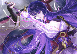 Rule 34 | 1girl, armor, breasts, bridal gauntlets, cleavage, electricity, genshin impact, highres, holding, holding sword, holding weapon, human scabbard, japanese clothes, kimono, large breasts, long hair, long sleeves, mole, mole under eye, nail polish, obi, obiage, obijime, parted lips, purple eyes, purple hair, purple kimono, purple nails, raiden shogun, resolution mismatch, ribbon, sash, shoulder armor, solo, source smaller, sword, sword between breasts, vardan, weapon, wide sleeves