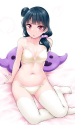 Rule 34 | 1girl, :o, alternate hairstyle, arm support, arms behind back, bare arms, bed sheet, blunt bangs, blush, bow, bow panties, bra, breasts, cleavage, collarbone, cushion, hair bun, hair over shoulder, highres, looking at viewer, love live!, love live! sunshine!!, nail polish, navel, on bed, open mouth, panties, purple scrunchie, red eyes, scrunchie, side bun, side ponytail, simple background, single side bun, sitting, sleeveless, small breasts, solo, thighhighs, tsushima yoshiko, underwear, underwear only, white background, white bow, white bra, white panties, white thighhighs, yopparai oni
