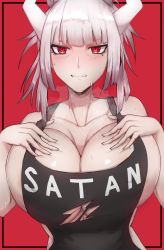 Rule 34 | 1girl, apron, bare arms, bare shoulders, black apron, blush, breasts, cleavage, demon girl, demon horns, hands on own breasts, helltaker, highres, horns, huge breasts, large breasts, looking at viewer, lucifer (helltaker), medium hair, mole, mole under eye, naked apron, no bra, red background, red eyes, satou rin (gobugabuge), short hair, simple background, solo, sweat, sweatdrop, torn apron, torn clothes, upper body, white hair, white horns
