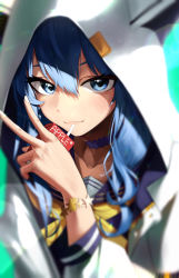 Rule 34 | 1girl, absurdres, animal hood, apple juice, blue choker, blue eyes, blue hair, bow, bowtie, choker, closed mouth, commentary request, doroti., drink, drinking straw, hair between eyes, hand up, highres, holding, holding drink, hololive, hood, hood up, hooded jacket, hoshimachi suisei, hoshimachi suisei (school uniform), jacket, juice, juice box, light blush, long hair, long sleeves, official alternate costume, sailor collar, solo, upper body, v, virtual youtuber, white jacket, yellow bow, yellow bowtie