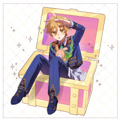 Rule 34 | 1boy, :o, absurdres, ahoge, argyle background, arm at side, arm up, bishounen, blue pants, border, box, brown eyes, cropped jacket, double-parted bangs, dress shoes, ensemble stars!, foot dangle, full body, hair between eyes, heidbd, highres, in box, in container, knees up, layered sleeves, light blush, light brown hair, long sleeves, male focus, mashiro tomoya, on lap, open box, open hand, orange trim, pants, shading eyes, short hair, sitting, solo, sparkle, stuffed animal, stuffed rabbit, stuffed toy, upturned eyes, white background, white border, wing collar