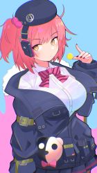 Rule 34 | 1girl, alternate breast size, beret, breasts, candy, collared shirt, commission, dress shirt, food, girls&#039; frontline, hat, headset, highres, jacket, large breasts, lollipop, mp7 (girls&#039; frontline), nail polish, pleated skirt, red hair, red nails, ribbon, shirt, side ponytail, skeb commission, skirt, solo, uraga shigure, yellow eyes
