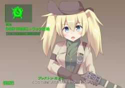 Rule 34 | 1girl, alternate costume, belt, blonde hair, blue eyes, blush, commentary request, enemy lifebuoy (kancolle), fallout (series), fallout 4, gambier bay (kancolle), gloves, hair between eyes, hairband, hat, highres, holding, jacket, kantai collection, long hair, looking at viewer, open mouth, pepatiku, simple background, solo, translation request, twintails, weapon