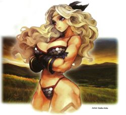 Rule 34 | 1girl, amazon (dragon&#039;s crown), amazon warrior, armor, bare shoulders, bikini armor, black feather, black gloves, blonde hair, blue eyes, breasts, cleavage, cloud, dragon&#039;s crown, emika kida, feather hair ornament, field, gloves, grass, hair ornament, medium breasts, muscular, muscular female, official art, outdoors, sky, tagme, tattoo
