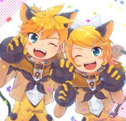 Rule 34 | 1boy, 1girl, ;d, absurdres, animal ears, blonde hair, blue eyes, brother and sister, brown jacket, claw pose, collar, cropped jacket, facial mark, fangs, fur-trimmed gloves, fur trim, gloves, hair ornament, hair ribbon, hairclip, highres, jacket, kagamine len, kagamine rin, looking at viewer, magical mirai (vocaloid), magical mirai len, magical mirai rin, one eye closed, open mouth, reki (arequa), ribbon, short hair, siblings, smile, tail, twins, upper body, vocaloid, white ribbon