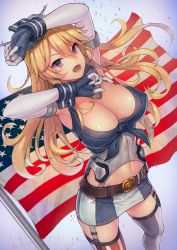 Rule 34 | 10s, 1girl, :d, american flag, armpits, arms up, asymmetrical legwear, bad id, bad pixiv id, belt, blonde hair, breasts, cleavage, clothes writing, elbow gloves, eyebrows, fingerless gloves, from above, front-tie top, garter straps, gloves, gradient background, hair between eyes, headgear, iowa (kancolle), kantai collection, large breasts, long hair, looking at viewer, miniskirt, mismatched legwear, navel, open mouth, purple eyes, skirt, sleeveless, smile, solo, stomach, thighhighs, urokoda, wrist cuffs