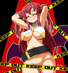 Rule 34 | 1girl, arcana heart, armpits, arms behind head, arms up, belt, bottomless, breast curtains, breasts, censored, clarice di lanza, closed eyes, convenient censoring, cross, demon wings, hida naria, large breasts, legs, long hair, navel, nun, red hair, smile, solo, thighs, underboob, wings
