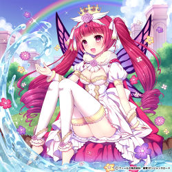 Rule 34 | 1girl, barefoot, blunt bangs, breasts, butterfly wings, cleavage, crown, dress, drill hair, feet, firiaria, flower, hair flower, hair ornament, hair ribbon, himedatsu! dungeons lord, insect wings, jewelry, kidatsu! dungeons lord, long hair, lots of jewelry, md5 mismatch, medium breasts, multicolored wings, official art, rainbow, red hair, ribbon, sitting, solo, thighhighs, twin drills, twintails, very long hair, wasabi (sekai), water, wings