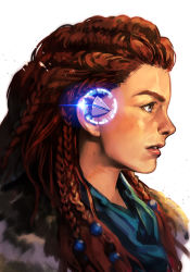 Rule 34 | 1girl, aloy (horizon), beads, blue eyes, braid, braided bangs, earpiece, female focus, freckles, glint, hair beads, hair ornament, hair slicked back, hairclip, horizon (video game), horizon zero dawn, hungry clicker, jewelry, lips, long hair, nose, parted lips, pelt, profile, red hair, simple background, solo, twin braids, upper body