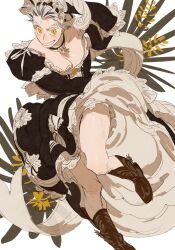 Rule 34 | 1boy, arm up, black dress, black hat, bokuto koutarou, boots, brown footwear, chengongzi123, commentary, cowboy boots, cowboy western, crossdressing, dress, full body, grey hair, grin, haikyuu!!, hat, hat feather, highres, juliet sleeves, long sleeves, male focus, multicolored hair, puffy sleeves, short hair, simple background, smile, standing, standing on one leg, streaked hair, symbol-only commentary, thick eyebrows, very short hair, white background, yellow eyes