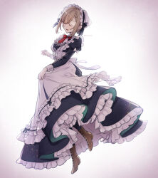 Rule 34 | 1girl, absurdres, apron, artist name, black bow, black dress, boots, bow, bowtie, breasts, brown footwear, brown hair, character request, closed eyes, clothes lift, copyright request, dress, dress lift, frills, full body, goshi-san, highres, juliet sleeves, long sleeves, maid headdress, medium breasts, puffy sleeves, red bow, red bowtie, short hair, smile, solo, standing, standing on one leg, virtual youtuber, white apron, white background