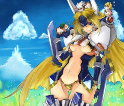Rule 34 | 1girl, animalization, arc system works, armor, blazblue, blazblue: calamity trigger, blonde hair, blue eyes, breasts, center opening, cloud, crotch plate, day, forehead protector, gloves, gond, green hair, hamster, hazama, headdress, headgear, heart, kisaragi jin, long hair, mecha musume, medium breasts, midriff, mu-12, navel, necktie, pauldrons, ragna the bloodedge, revealing clothes, robot ears, shoulder armor, sky, smile, thigh gap, thighhighs, underboob, very long hair, white hair, wide hips