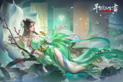 Rule 34 | 1girl, absurdres, baiguio (zhu xian), bare shoulders, bracelet, breasts, brown hair, cone hair bun, detached sleeves, dress, falling petals, floating, floating object, flower, full body, green dress, hair bun, hair flower, hair ornament, highres, jewelry, long hair, looking up, lotus root, medium breasts, necklace, petals, second-party source, smoke, solo, thighhighs, wei yu xiang chenai, white thighhighs, zhu xian