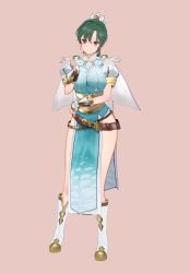 Rule 34 | 1girl, 3d, bad id, bad pixiv id, belt, boots, breasts, cape, capelet, commentary request, earrings, feather trim, fingerless gloves, fire emblem, fire emblem: the blazing blade, fire emblem heroes, full body, gloves, gradient background, green eyes, green hair, hair ornament, head tilt, highres, jewelry, knee boots, looking at viewer, lyn (fire emblem), medium breasts, nintendo, pelvic curtain, pink background, ponytail, shiny skin, simple background, solo, standing, thighs, uck-eck-uck