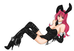 Rule 34 | 1girl, animal ears, arms behind back, bdsm, bondage, boots, bound, breasts, chain, choker, cuffs, detached sleeves, fake animal ears, female focus, full body, gloves, high heel boots, high heels, leotard, long hair, looking at viewer, lying, pink hair, playboy bunny, rabbit ears, rabbit tail, red eyes, red hair, shoes, simple background, solo, tail, thigh boots, thighhighs, white background