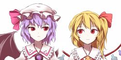 Rule 34 | 2girls, asymmetrical hair, bad id, bad nicoseiga id, bat wings, blonde hair, blush, crystal, flandre scarlet, hat, hat ribbon, light purple hair, looking at another, minust, mob cap, multiple girls, no headwear, no headwear, puffy sleeves, red eyes, remilia scarlet, ribbon, short hair, siblings, side ponytail, simple background, sisters, slit pupils, smile, touhou, upper body, vest, white background, wings