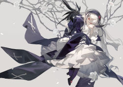 Rule 34 | 1girl, black dress, black footwear, black wings, dress, feathers, flower, full body, grey background, hair between eyes, hairband, high heels, highres, holding, holding feather, kumatangent, layered dress, long hair, long sleeves, looking at viewer, red eyes, rose, rozen maiden, solo, suigintou, thorns, white dress, white flower, white hair, white rose, wings