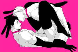 Rule 34 | 2boys, abs, anal, animal ears, bertolt hoover, blonde hair, brown hair, convenient leg, elbow rest, from side, full body, male focus, male penetrated, multiple boys, nene (10575936), nipples, pectorals, rabbit boy, rabbit ears, reiner braun, sex, shingeki no kyojin, short hair, spot color, thighhighs, toned, toned male, topless male, yaoi