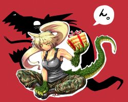Rule 34 | 10s, 1girl, 2012, bad id, bad pixiv id, blonde hair, blush, boots, borrowed character, box, breasts, butterfly sitting, camouflage, camouflage pants, claws, cleavage, collarbone, combat boots, dexsini, dragon girl, dragon tail, fang, gift, gift box, green eyes, high ponytail, highres, large breasts, long hair, monster girl, original, pants, scales, sitting, slit pupils, solo, tail, tank top, toned