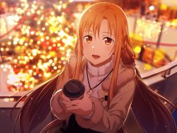 Rule 34 | 1girl, artist request, asuna (sao), brown eyes, brown hair, coat, coffee cup, cup, disposable cup, female focus, fingernails, fur collar, fur trim, hair ornament, hair ribbon, highres, holding, holding cup, jewelry, long hair, looking at viewer, low twintails, necklace, open mouth, ribbon, smile, solo, sweat, sword art online, sword art online: memory defrag, twintails