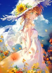 Rule 34 | 1girl, arms behind back, bare back, blush, closed mouth, cloud, commentary request, day, dress, emma (yakusoku no neverland), eyelashes, flower, green eyes, hair flower, hair ornament, hat, kinokohime, orange hair, outdoors, short hair, sky, sleeveless, sleeveless dress, solo, straw hat, sundress, sunflower, sunflower hair ornament, white hat, yakusoku no neverland