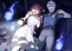 Rule 34 | 1boy, 1girl, :d, akabane youko, beard, belt, belt buckle, black belt, black choker, blood, blood on hands, blue shirt, bow, buckle, camera, choker, collared shirt, colored skin, copyright notice, dress shirt, earrings, facial hair, fang, fangs, feet out of frame, flashlight, from below, gilzaren iii, gloves, green eyes, grey pants, hair ornament, hair scrunchie, haunted house (attraction), highres, hitodama, holding, holding camera, holding flashlight, indoors, jewelry, ji mag (artist), knees together feet apart, long hair, mature male, nervous smile, nervous sweating, nijisanji, official art, one side up, open collar, open mouth, out of frame, outstretched arm, pants, pendant choker, pointy ears, purple skin, recording, red eyes, red hair, scared, scrunchie, shirt, shirt tucked in, short hair, short sleeves, sidelocks, skirt, smile, spiked hair, standing, stud earrings, sweat, swept bangs, talisman, tearing up, virtual youtuber, waist bow, watch, white gloves, white hair, white shirt, white skirt, wristwatch