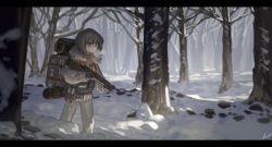Rule 34 | 1girl, backpack, bag, bare tree, black gloves, breath, brown eyes, brown hair, coat, forest, fur-trimmed coat, fur trim, gloves, gun, holding, holding gun, holding weapon, hunting, lanzi (415460661), letterboxed, medium hair, nature, original, outdoors, pants, rifle, snow, solo, tree, weapon, white coat, white pants, winter, winter clothes, winter coat