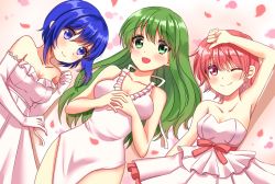 Rule 34 | 3girls, :d, ;), arm up, bad id, bad pixiv id, blue eyes, blue hair, bow, breasts, catria (fire emblem), collarbone, commentary request, dress, elbow gloves, est (fire emblem), fire emblem, gloves, green eyes, green hair, long hair, looking at viewer, lying, medium breasts, multiple girls, nintendo, on back, one eye closed, open mouth, palla (fire emblem), petals, pink bow, pink eyes, pink hair, setoda (llgo), short hair, siblings, sisters, sleeveless, sleeveless dress, smile, strapless, strapless dress, white dress, white gloves