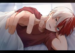 Rule 34 | 1boy, bed, blanket, blue eyes, blush, boku no hero academia, burn scar, green eyes, highres, letterboxed, looking at viewer, male focus, miyanami 3, multicolored hair, multiple boys, open mouth, red hair, red shirt, scar, scar on face, shirt, short hair, smile, t-shirt, todoroki shouto, two-tone hair, white hair