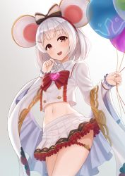 Rule 34 | 1girl, absurdres, animal ears, balloon, bow, bowtie, brooch, collared shirt, commentary, cowboy shot, crop top, crop top overhang, granblue fantasy, hair ornament, hairband, hairclip, hand up, heart, heart brooch, highres, holding, kurisu-kun, long sleeves, looking at viewer, midriff, miniskirt, mouse ears, navel, open mouth, pleated skirt, red eyes, shirt, short hair, silver hair, skirt, smile, solo, thighs, vikala (granblue fantasy), white shirt, white skirt, wide sleeves