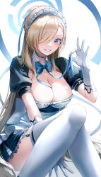 Rule 34 | 1girl, apron, asuna (blue archive), between breasts, blue archive, blue bow, blue bowtie, blue choker, blue eyes, blue ribbon, blush, bow, bowtie, breasts, choker, cleavage, detached collar, frilled skirt, frills, gloves, grin, hair over one eye, halo, highres, holding, holding ribbon, iro (iro 252 ), large breasts, light brown hair, long hair, maid, maid apron, maid headdress, mole, mole on breast, puffy short sleeves, puffy sleeves, ribbon, short sleeves, skirt, smile, solo, swept bangs, teeth, thighhighs, thighs, very long hair, white apron, white gloves, white thighhighs