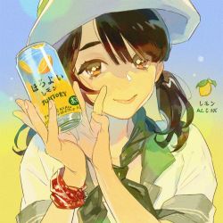 Rule 34 | 1girl, black hair, blue background, can, food, fruit, gradient background, hands up, hat, kuribulb, leaf, lemon, long hair, looking at viewer, original, shirt, short sleeves, smile, solo, twintails, upper body, white shirt, yellow background, yellow eyes
