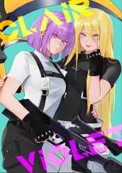 2girls :p black_gloves black_shirt blonde_hair blue_eyes character_name copyright_request earrings fingerless_gloves gloves gun highres jewelry long_hair looking_at_viewer meowdy_nio multiple_girls original purple_eyes purple_hair rifle scythe shirt smile sniper_rifle tongue tongue_out weapon white_shirt