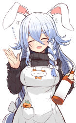 Rule 34 | 1girl, alternate costume, animal ears, blue hair, blush, bottle, braid, breasts, closed eyes, commentary request, hair between eyes, highres, hololive, large breasts, long hair, mature female, mou tama maru, open mouth, pekomama, rabbit ears, rabbit girl, side braid, solo, thick eyebrows, translation request, virtual youtuber, white background