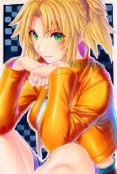 Rule 34 | 1girl, blonde hair, breasts, crossed legs, denim, denim shorts, fate/apocrypha, fate (series), green eyes, hachi78b, hair ornament, hair scrunchie, highres, jacket, light smile, looking at viewer, marker (medium), mordred (fate), mordred (fate/apocrypha), mordred (memories at trifas) (fate), open clothes, open jacket, ponytail, red jacket, scrunchie, short shorts, shorts, sitting, small breasts, solo, traditional media