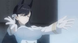 Rule 34 | 10s, 1girl, animal ears, animated, animated gif, atago (azur lane), azur lane, bed, black hair, bouncing breasts, breasts, buttons, closed eyes, double-breasted, epaulettes, gloves, hair between eyes, hair ribbon, large breasts, long sleeves, military, military uniform, mole, mole under eye, ribbon, screencap, smile, solo, uniform, white gloves, wolf ears