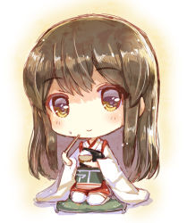 Rule 34 | 10s, akagi (kancolle), big head, brown eyes, brown hair, chibi, closed mouth, eating, japanese clothes, kantai collection, kaworu (1030), long hair, looking at viewer, personification, pleated skirt, sitting, skirt, solo, thighhighs, white thighhighs, zettai ryouiki